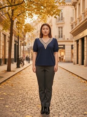 Embroidered V-Neck Navy Blouse